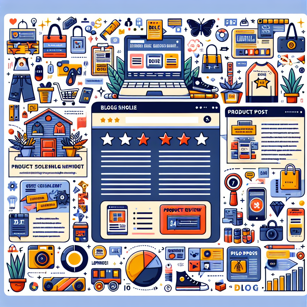Generate an image of a vibrant and engaging e-commerce blog page filled with rich, valuable content. Include elements such as diverse product images, informational graphs, and interactive posts to emphasize content creation's role in attracting and converting leads.
