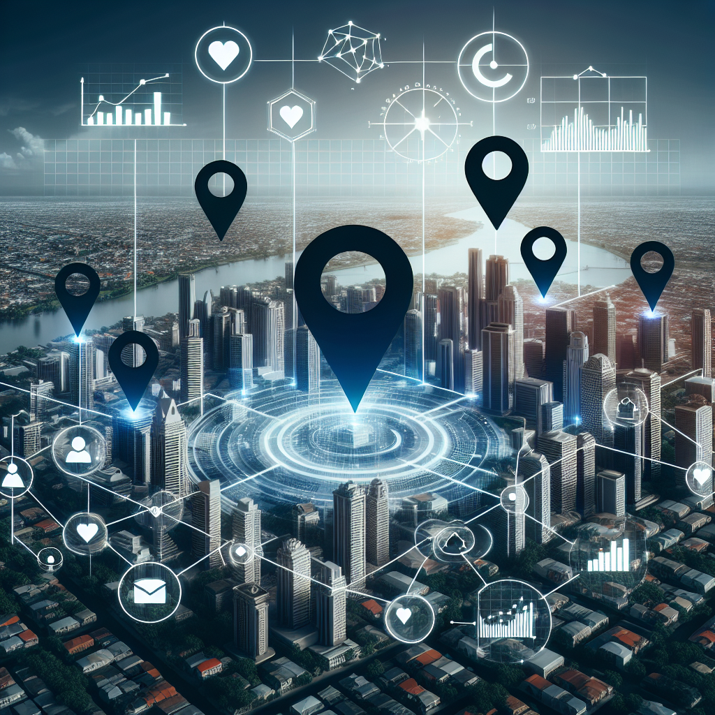 Generate an image of a cityscape with digital map overlays highlighting local businesses optimized for local SEO. Include elements like pinpoint markers, user reviews, and analytics graphs floating above buildings to represent the interplay between local SEO and e-commerce success.