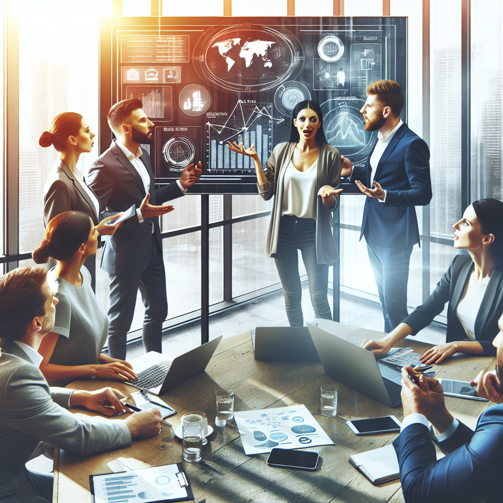 Generate an image of a professional e-commerce team having a dynamic meeting, discussing follow-up strategies with charts and diagrams on a digital whiteboard. The setting is a modern office with large windows, showing diverse team members collaborating passionately.