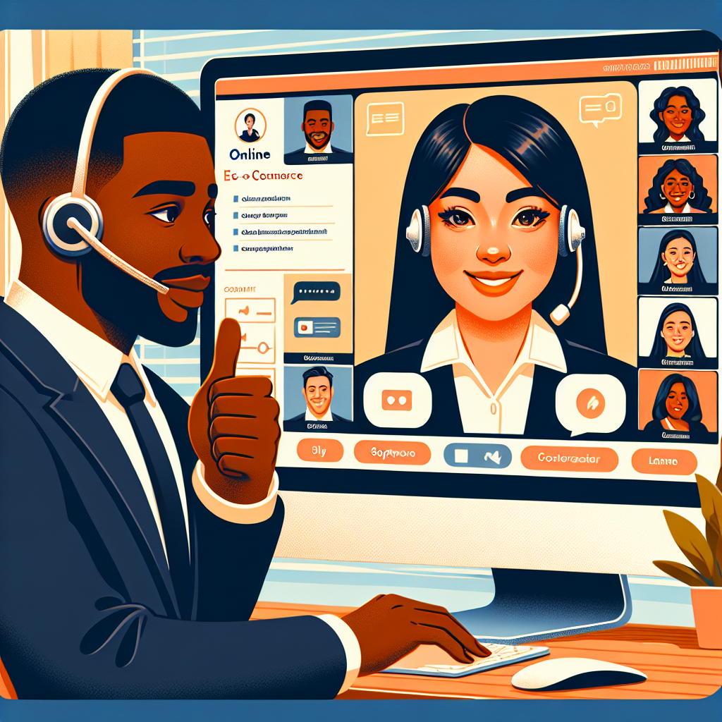 Generate an image of a friendly e-commerce representative engaging with a customer online. The scene shows a split screen with the representative on one side, looking attentive and professional, and a satisfied customer on the other, displaying a sense of trust and connection through a video call.