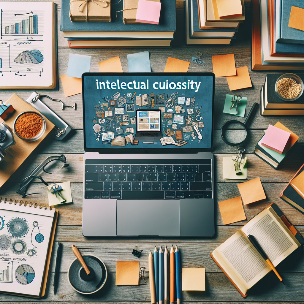 Generate an image of a creative desk setup filled with various educational materials like books, a laptop displaying a webinar, and sticky notes. The setting conveys a cozy and inspiring atmosphere for learning and developing skills in e-commerce follow-up strategies.
