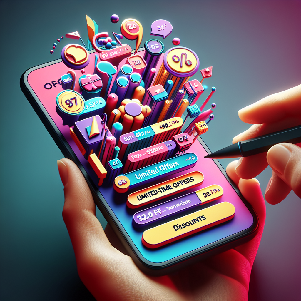 Generate an image of a set of enticing e-commerce promotional offers displayed on a smartphone screen. The image shows vibrant and eye-catching graphics, demonstrating limited-time offers and discounts that captivate and attract customers' attention.
