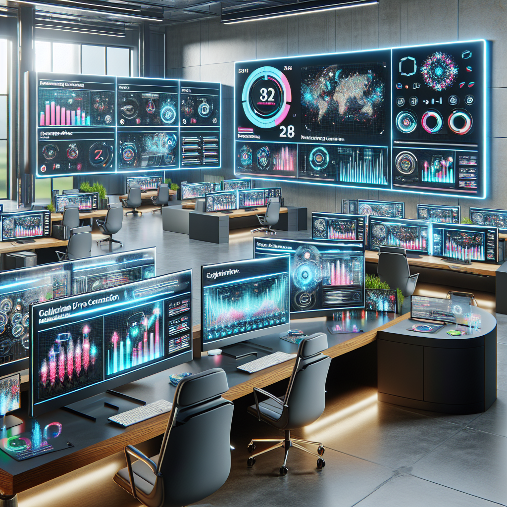 Generate an image depicting a futuristic e-commerce workspace with multiple screens showcasing personalized marketing automation dashboards. Incorporate elements of AI-driven customer segmentation with colorful graphs and charts, set in a sleek and modern office environment.