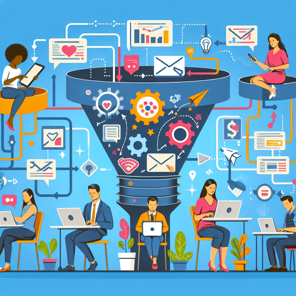 Generate an image illustrating a vibrant and dynamic scene of a digital marketing funnel. Include diverse characters interacting with various touchpoints of marketing automation within an e-commerce ecosystem, highlighting personalized communication through smart devices.