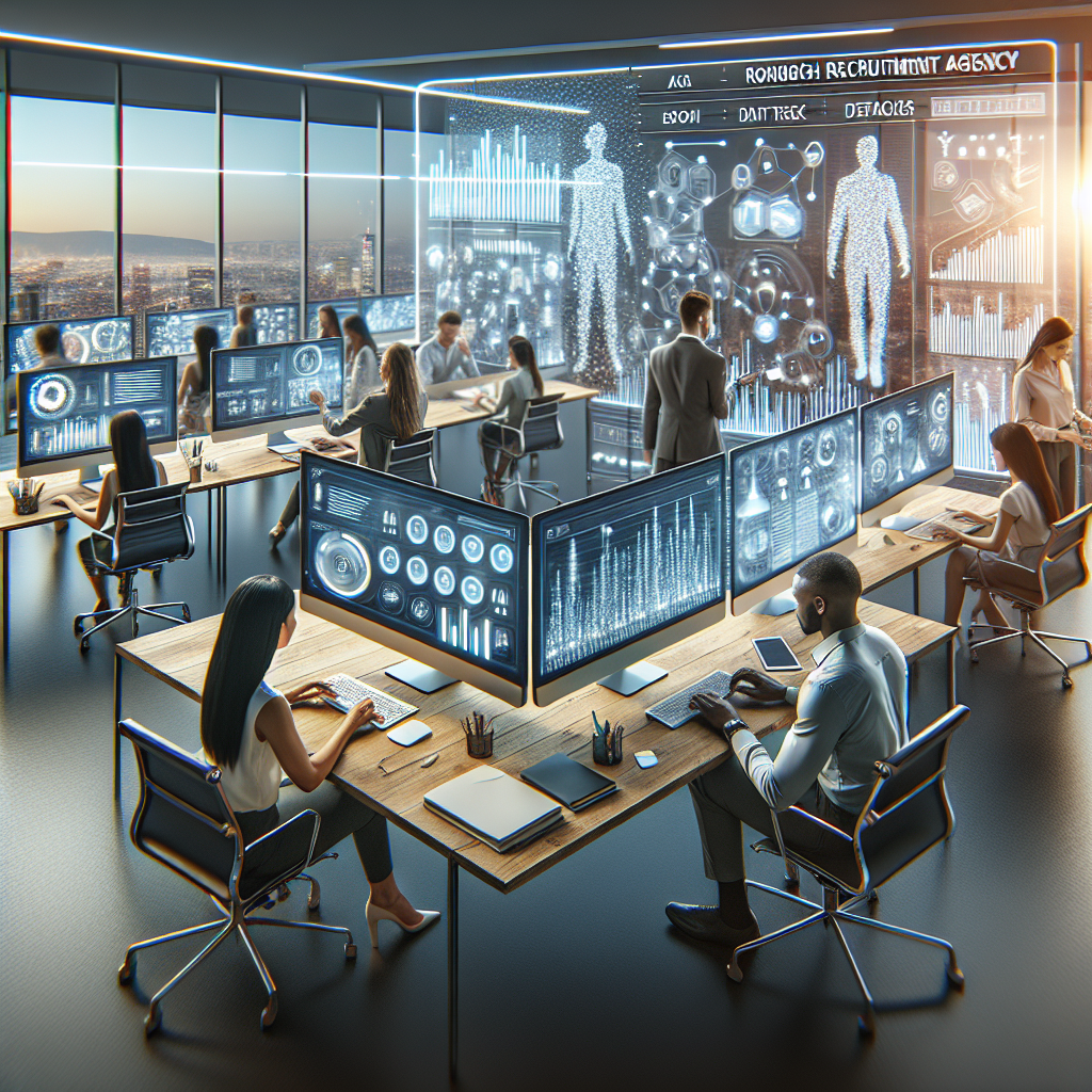 Generate an image of a busy recruitment agency office, where professionals are collaborating around a large desk filled with digital tools and screens displaying data charts and lead information. The room is modern and high-tech, showcasing the theme of efficiency in processing quality cold leads.