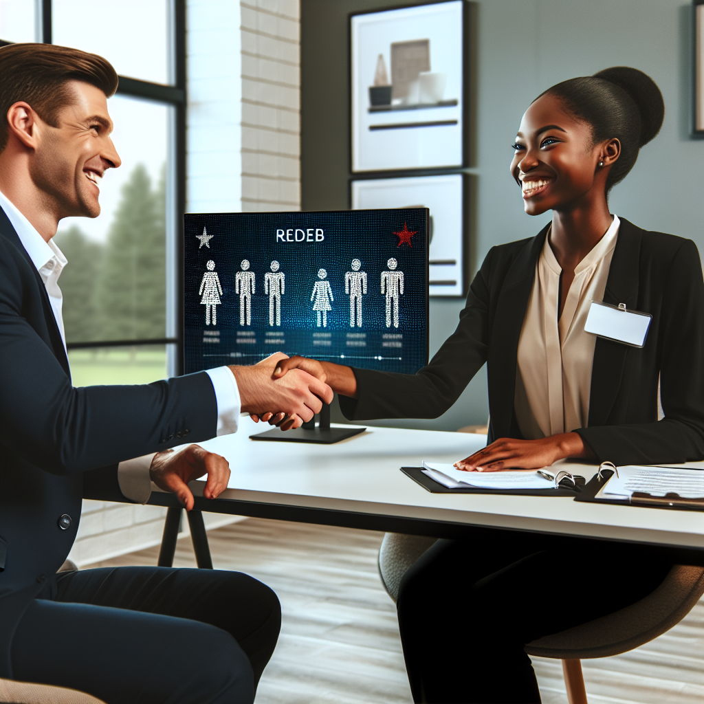 Generate an image of a satisfied client shaking hands with a recruitment agent, both smiling with a backdrop of successful placements displayed on a screen. The setting is in a modern office, representing successful customer satisfaction achieved through De Afspraakplanners' leads.