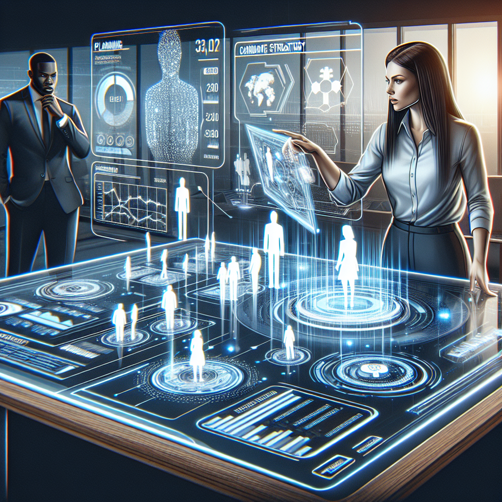 Generate an image of a recruitment strategist working on a touch-screen table, planning with holographic displays of diverse candidate information and lead statistics. The environment has a futuristic touch, emphasizing the modernization and optimization of recruitment processes through up-to-date information.