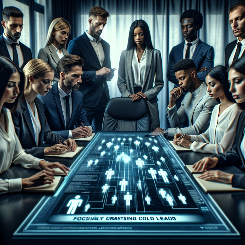 Generate an image of a team of professional appointment planners meticulously crafting and analyzing cold leads for recruitment agencies. The planners are seated around a modern conference table, surrounded by cutting-edge technology, digital notepads, and holographic displays showcasing lead data.