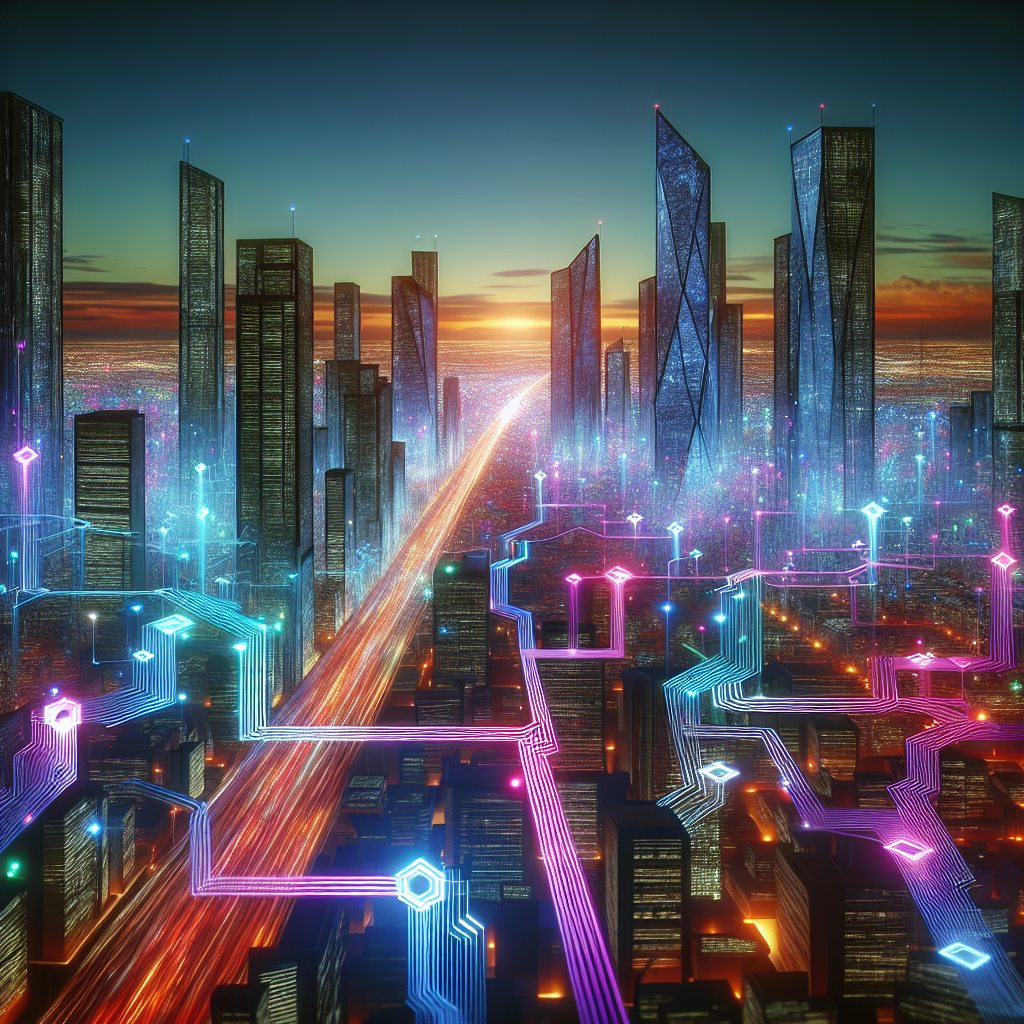 Generate an image of a dynamic cityscape with recruitment agencies receiving personalized, high-quality leads through a digital network. The scene is futuristic, filled with vibrant colors and digital symbols representing data flow between sleek skyscrapers.