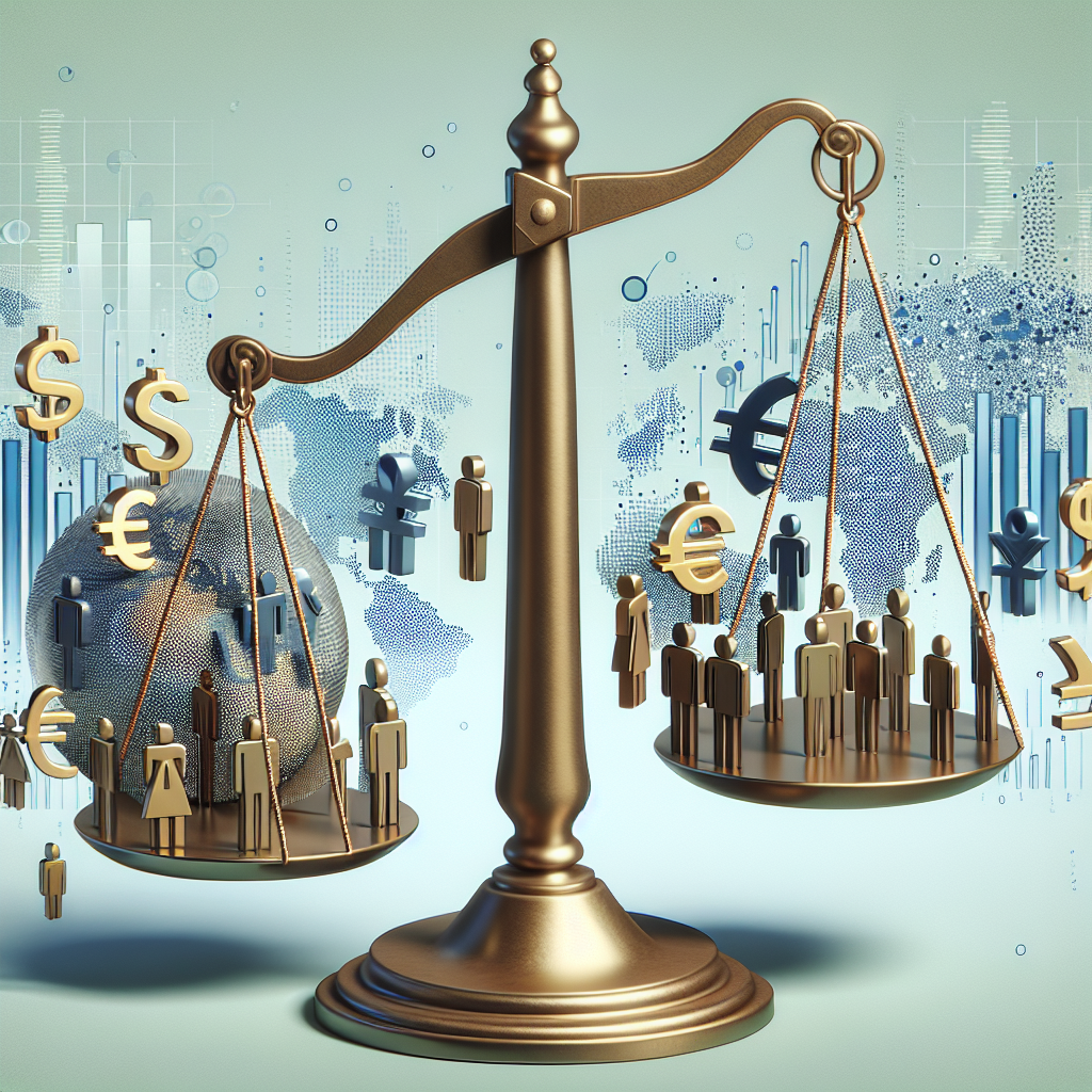 Generate an image depicting a flexible pricing model for lead generation services. The scene includes a scale balancing different currencies and leads, symbolizing cost-effectiveness and customization. The background is an abstract design of flowing charts and graphs.