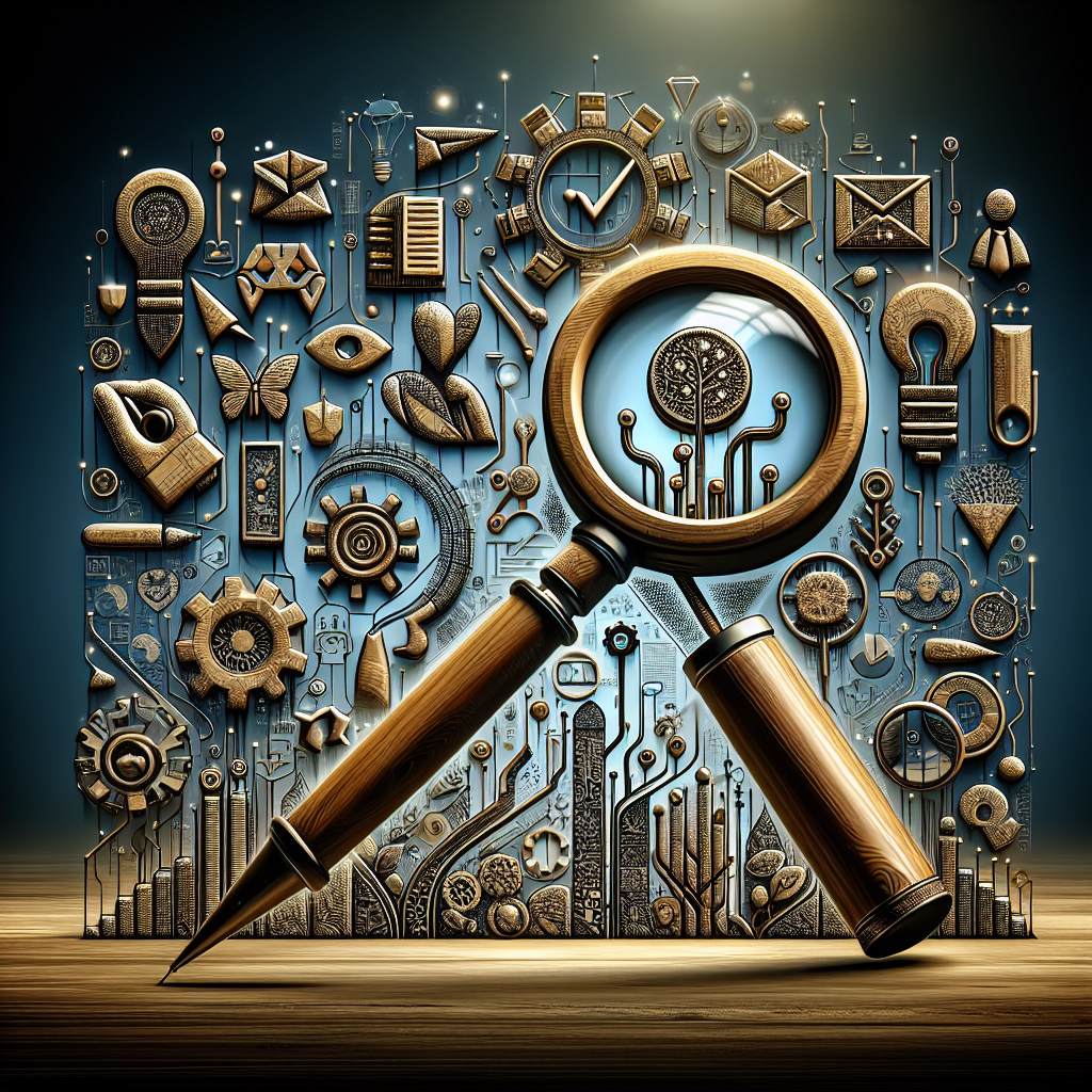 Generate an image of a magnifying glass focusing on a collection of tailor-made leads. Each lead is represented by a small, detailed icon symbolizing various industries. The atmosphere is analytical and precise, with a sense of discovery in the details of each icon.