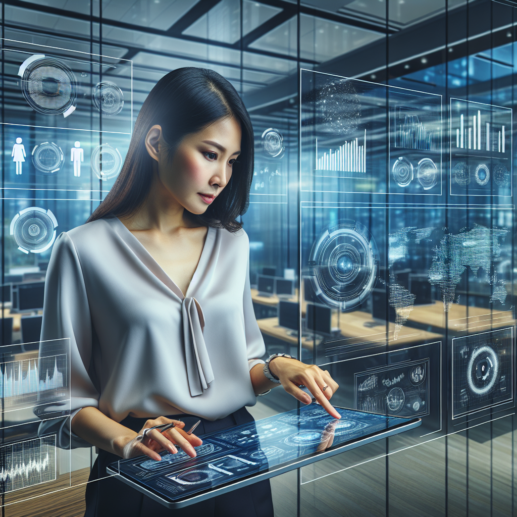 Generate an image of a business professional in a modern office setting, deeply analyzing data on a digital dashboard, to understand their B2B audience better. The environment should be sleek, with glass walls and digital screens showing graphs and insights, symbolizing the analytical aspect of audience understanding.