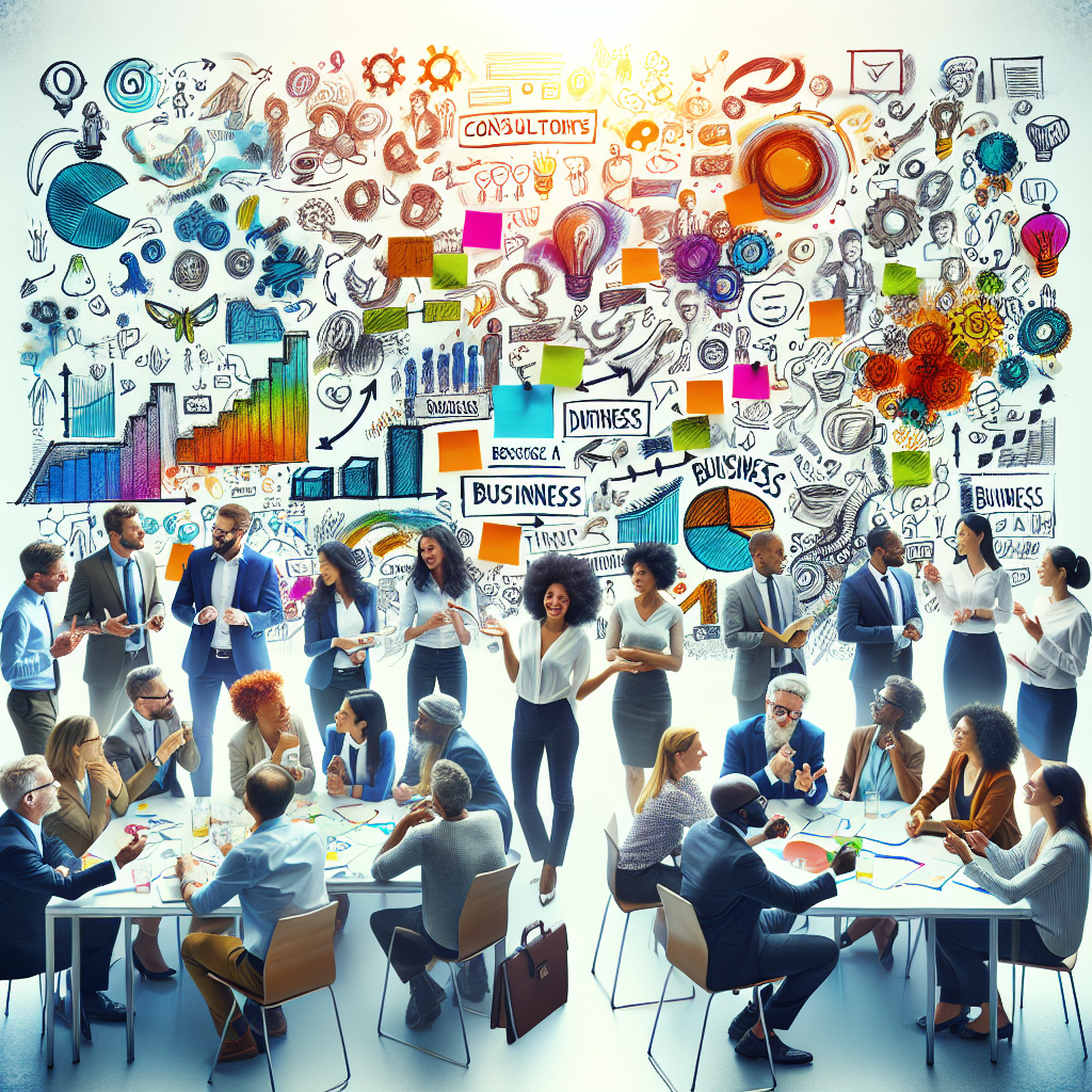 Generate an image of a creative brainstorming session where a group of consultants develop a unique value proposition for B2B services. The setting should be dynamic and collaborative, featuring whiteboards filled with sticky notes, sketches, and diverse individuals sharing ideas excitedly.