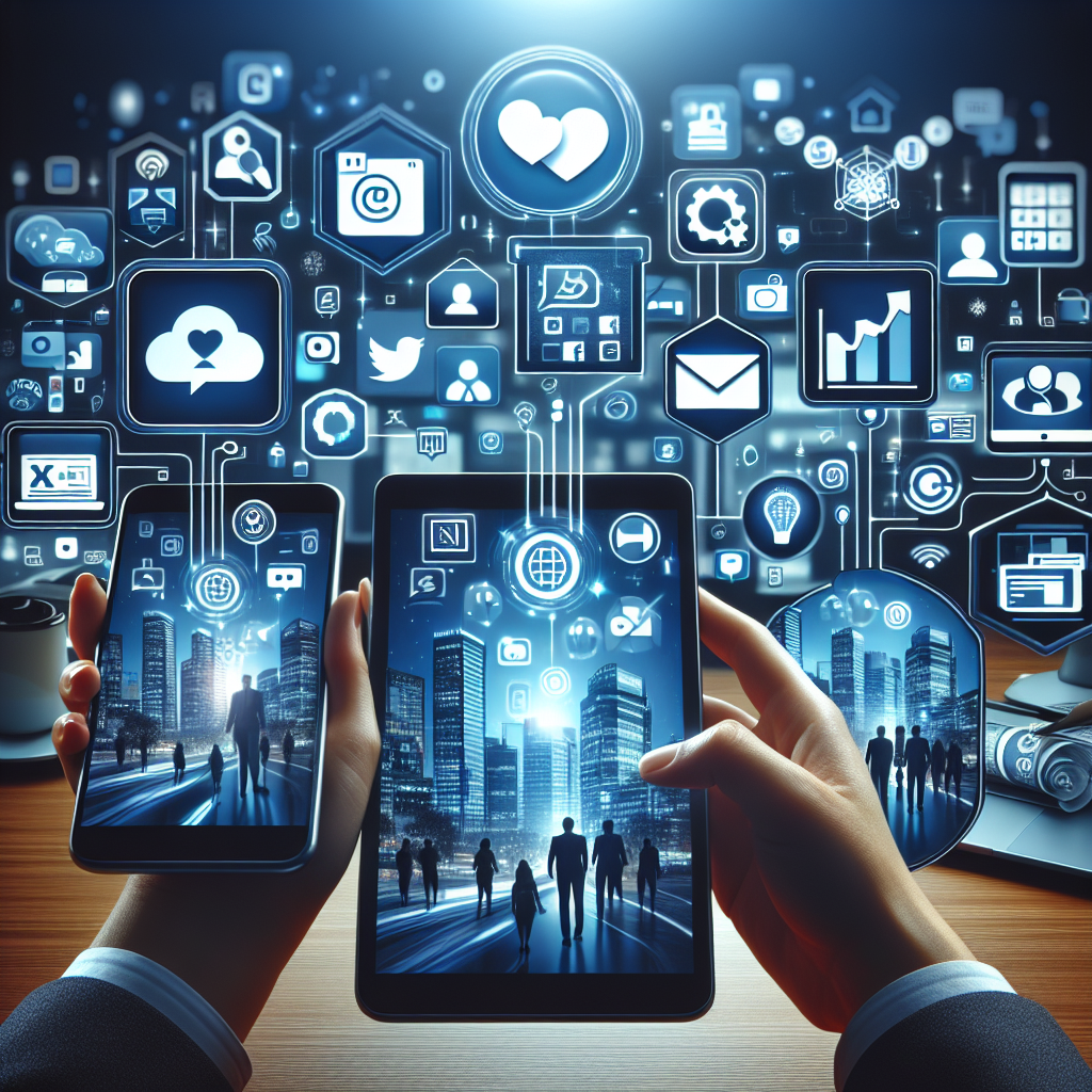 Generate an image of a vibrant and engaging online presence for a consulting firm, showcasing various digital platforms like websites, social media, and online ads. The composition should highlight seamless connectivity and professional branding across different devices, emphasizing the optimization of virtual presence.