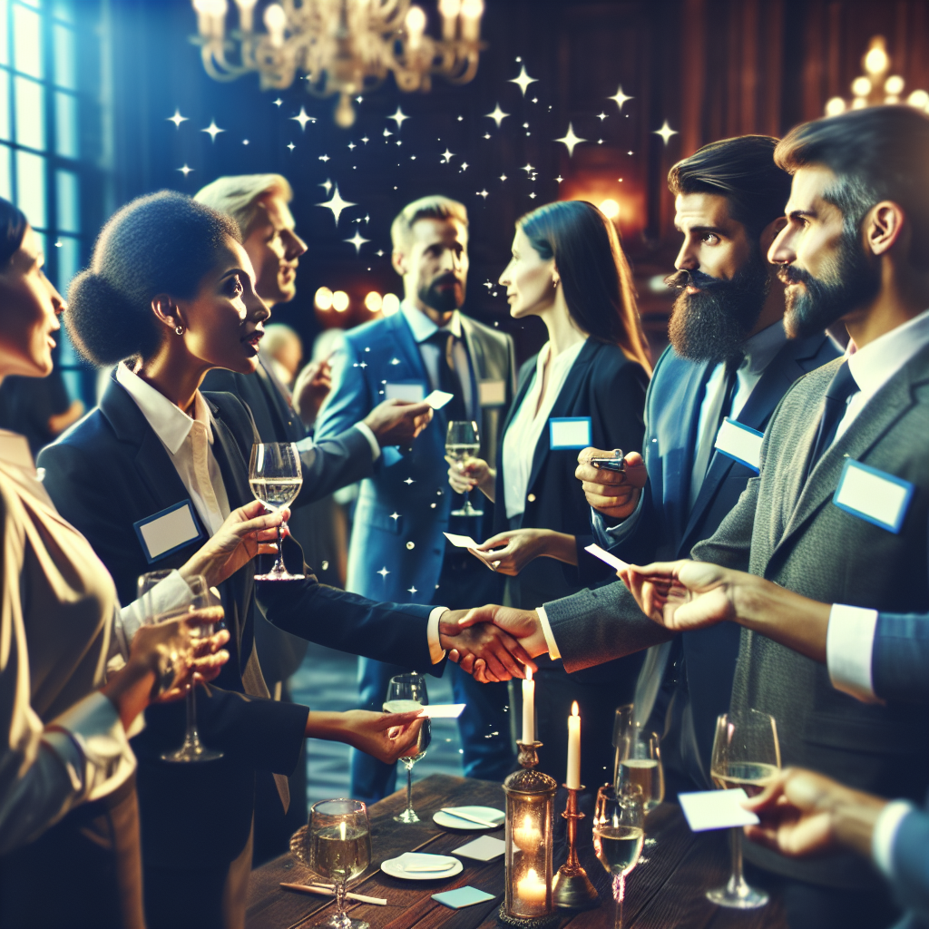 Generate an image of a networking event where B2B consultants are interacting, exchanging business cards, and forming connections. The atmosphere should be lively and sophisticated, with business attire and an elegant venue background, portraying the power of networking tactics in lead generation.