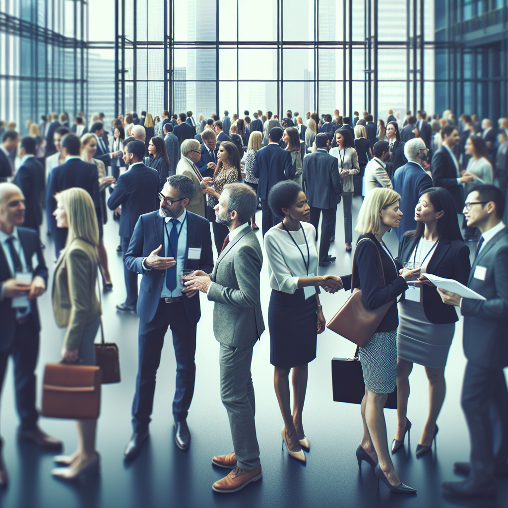 Generate an image of a bustling networking event with business professionals exchanging ideas and contact information, set in a modern conference hall, showcasing dynamic interactions and connections made through strategic networking in the B2B consultancy sector.