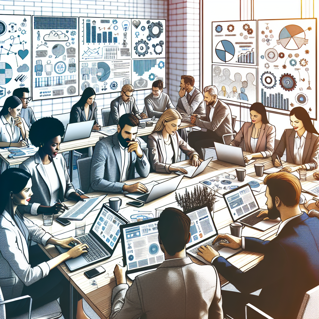 Generate an image depicting a content marketing strategy session, with a team of consultants brainstorming and creating engaging content on laptops and tablets. The room is filled with charts, infographics, and digital screens illustrating the power of content in generating leads.