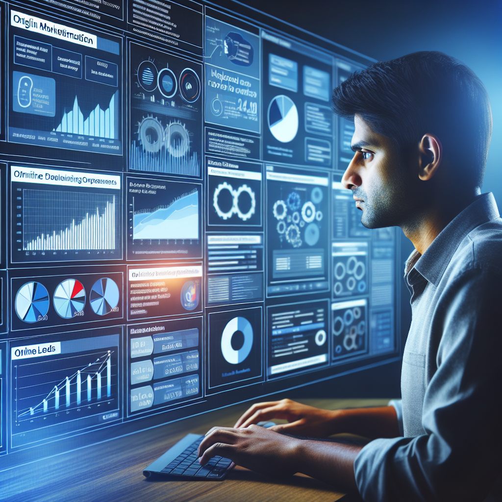 Generate an image of a digital marketing expert analyzing online data metrics on a large screen filled with graphs, pie charts, and search engine data, emphasizing online optimization techniques for lead generation in the B2B sector.