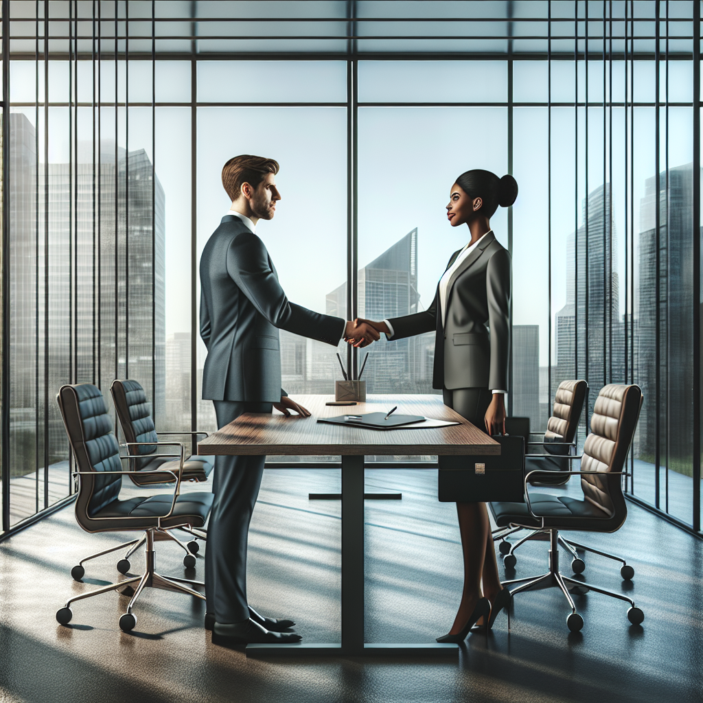 Generate an image of two business consultants from different companies shaking hands over a strategic partnership agreement in a sleek, modern boardroom with a city skyline view, symbolizing the formation of alliances to boost lead generation.