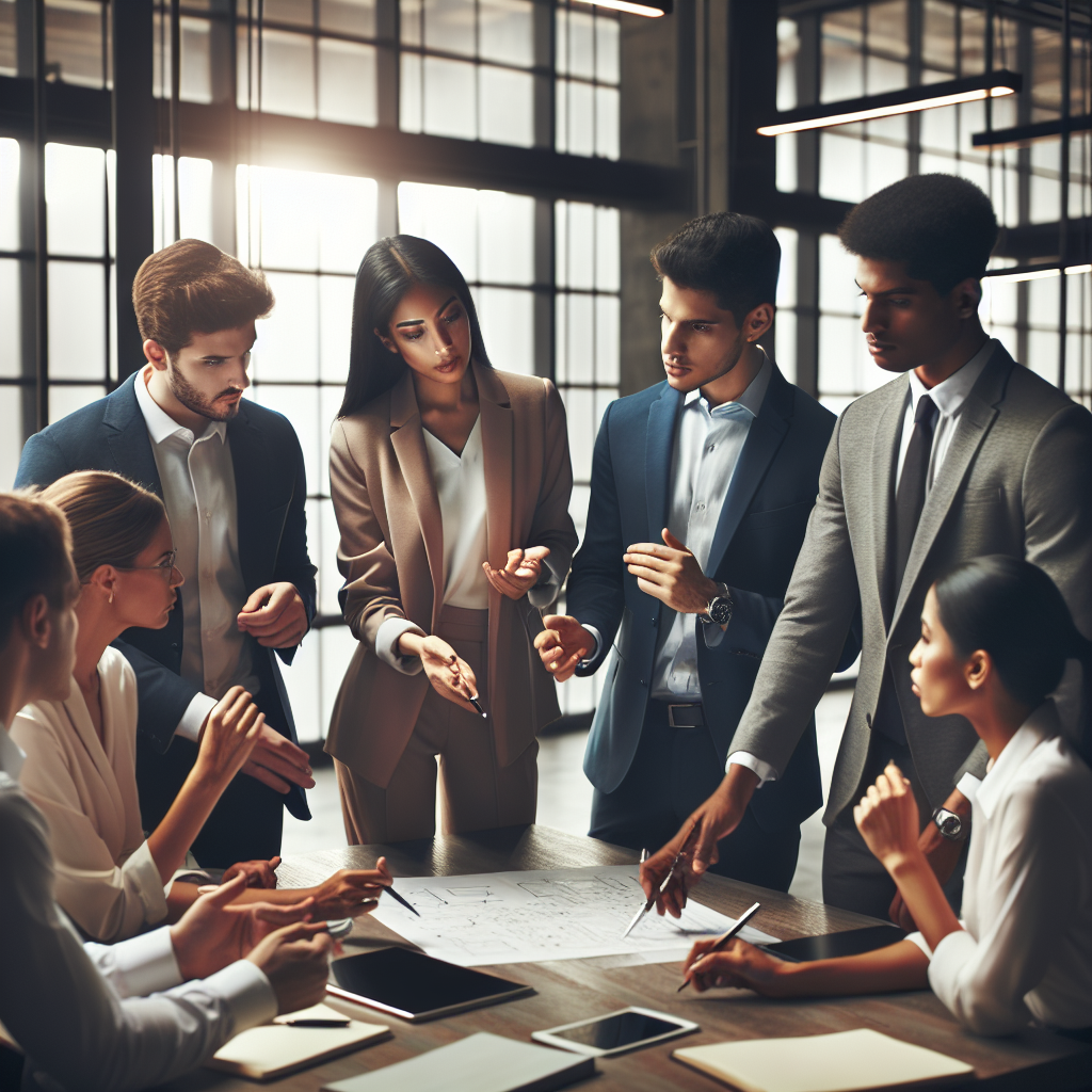 Generate an image of a diverse group of business professionals gathered around a large table, engaged in a brainstorming session about understanding target audiences. The setting should be modern and collaborative, capturing a moment of focused discussion and innovative idea generation.