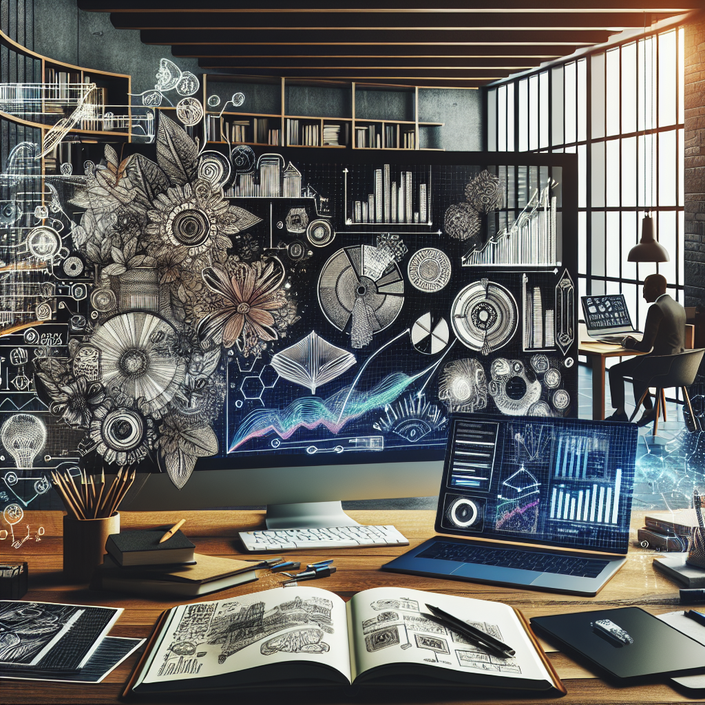 Generate an image of a creative workspace where an individual is strategically employing keywords for content creation. The scene should include a computer screen with text and analytics, surrounded by elements of inspiration such as books, sketches, and digital devices.