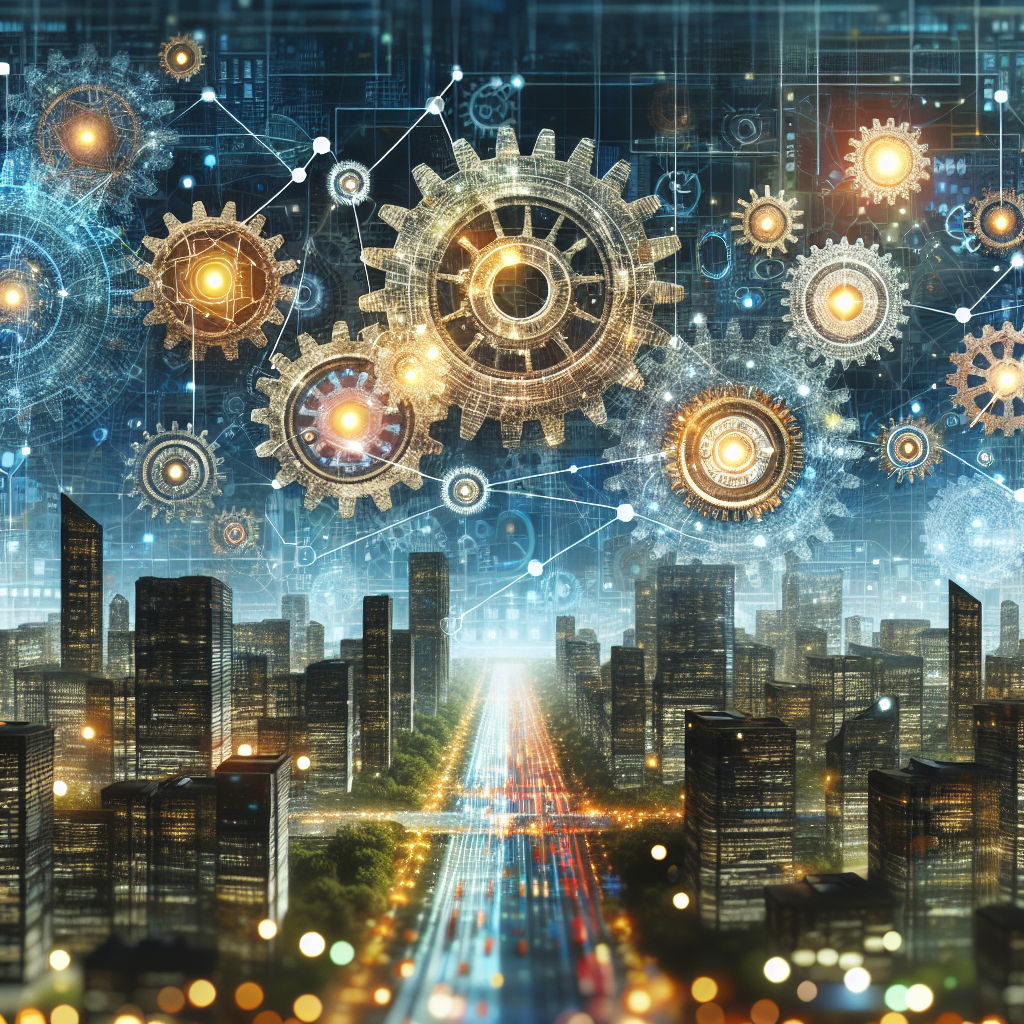 Generate an image illustrating the concept of technical SEO and linkbuilding, with visual metaphors such as interconnected gears and chains symbolizing search engine algorithms and website authority. The backdrop should be a stylized cityscape representing online visibility and connection.