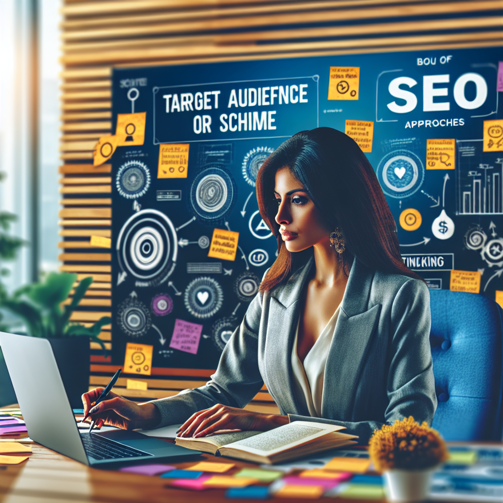 Generate an image of a consultant at a desk, focused on creating valuable content. The scene is bright and modern, with notes and graphics illustrating target audience insights and SEO strategies. The overall atmosphere conveys creativity and strategic thinking in a digital environment.