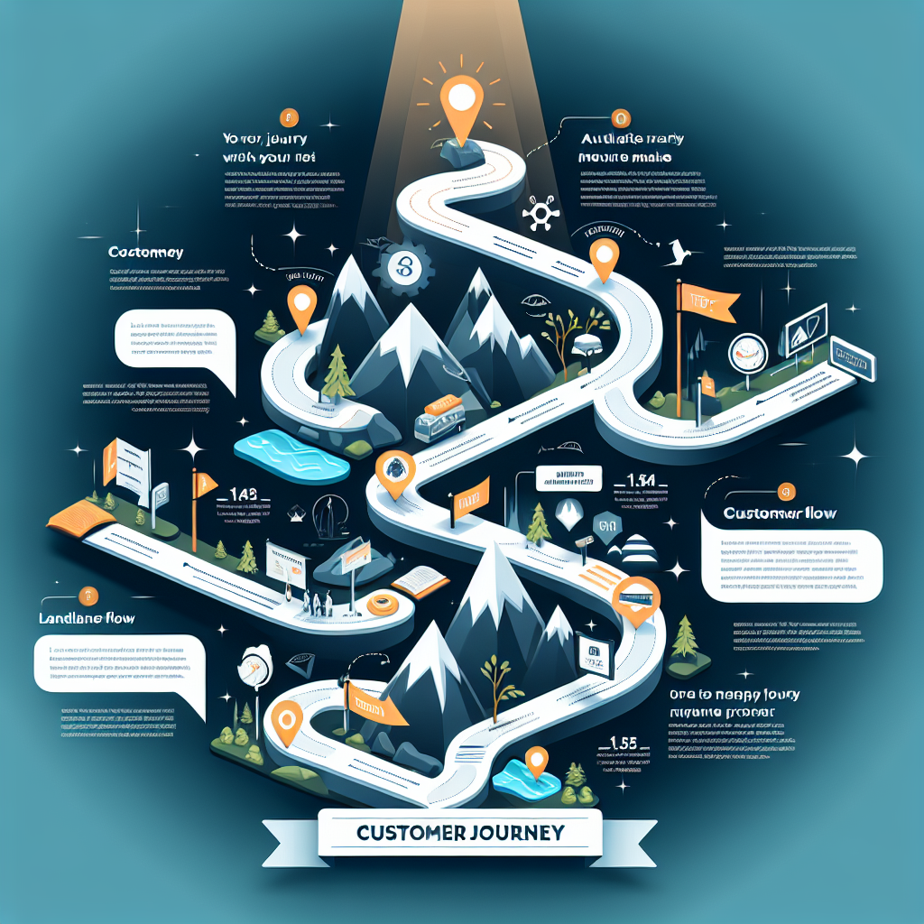 Generate an image depicting a journey map with various stages symbolizing the customer journey in content marketing. Include elements representing trust and authority, such as landmark symbols and guiding lights. The style should be infographic-like, with a clear, engaging narrative flow.