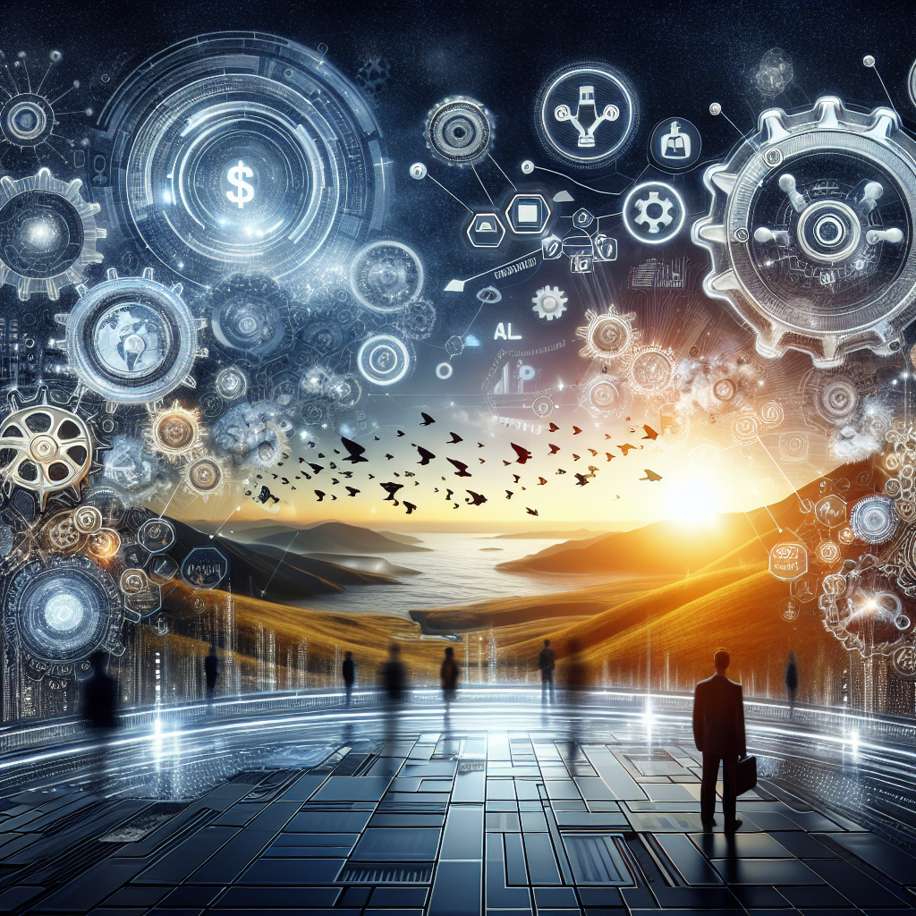 Generate an image of a digital landscape showcasing the interconnectedness of content marketing and lead attraction. Include visual metaphors like gears and keys symbolizing the mechanisms of building trust and authority. The composition should be dynamic and futuristic, with an emphasis on technology and innovation.