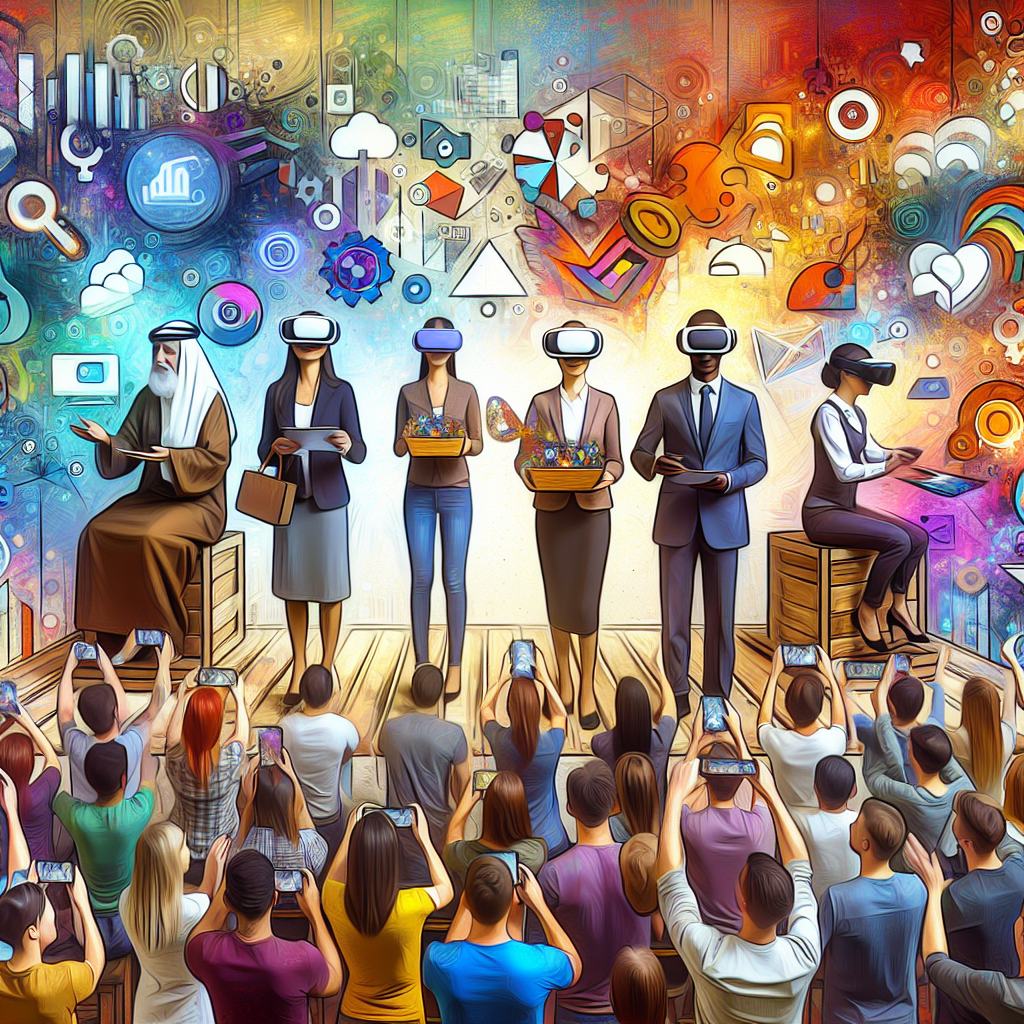 Generate an image of a bustling marketplace, where consultants hand out virtual reality content to engaged customers. Use abstract elements to represent the insights and SEO tactics being shared. The imagery should be colorful and lively, reflecting the vibrancy and interaction in content marketing efforts.