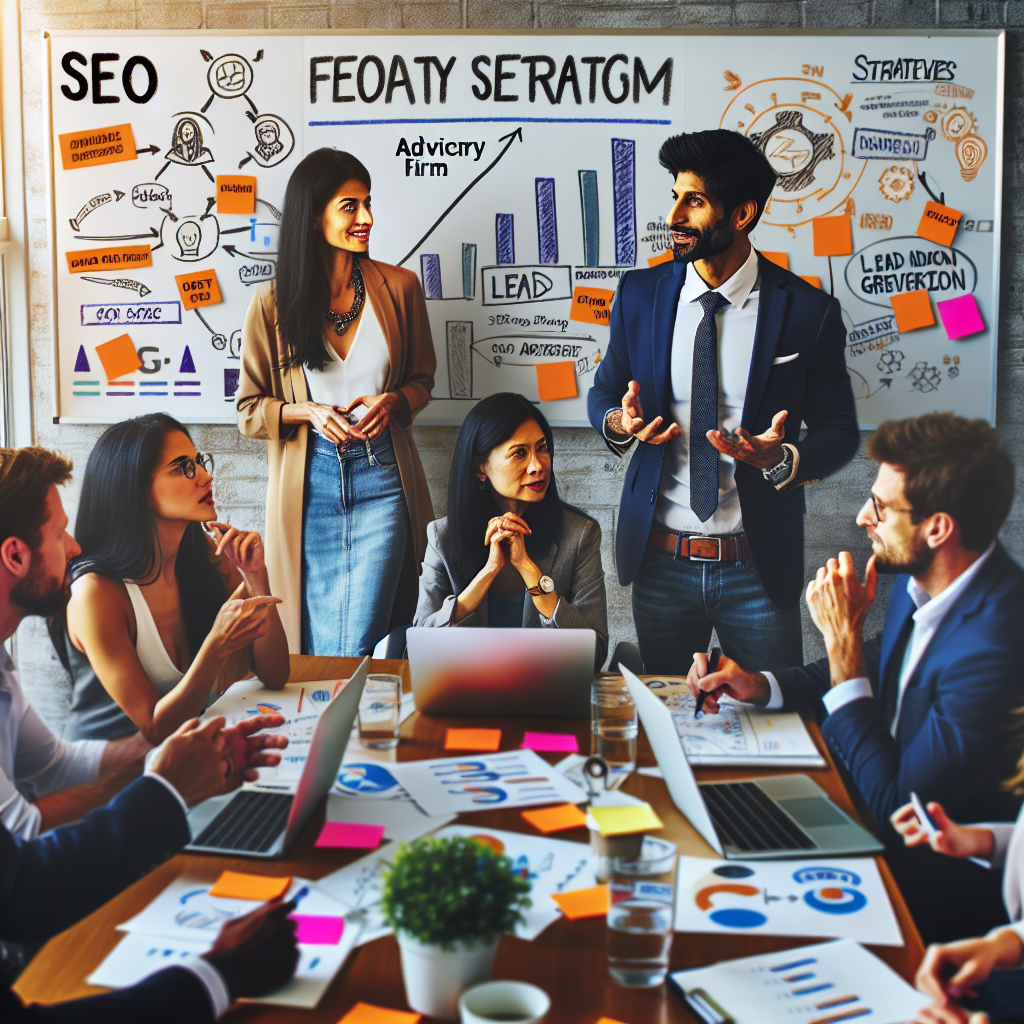 Generate an image of a diverse group of business professionals in a collaborative workshop. They are brainstorming strategies for SEO improvements and lead generation for a consultancy website. The room is filled with sticky notes, whiteboards, and laptops, embodying creativity and teamwork. The atmosphere is dynamic and energetic.