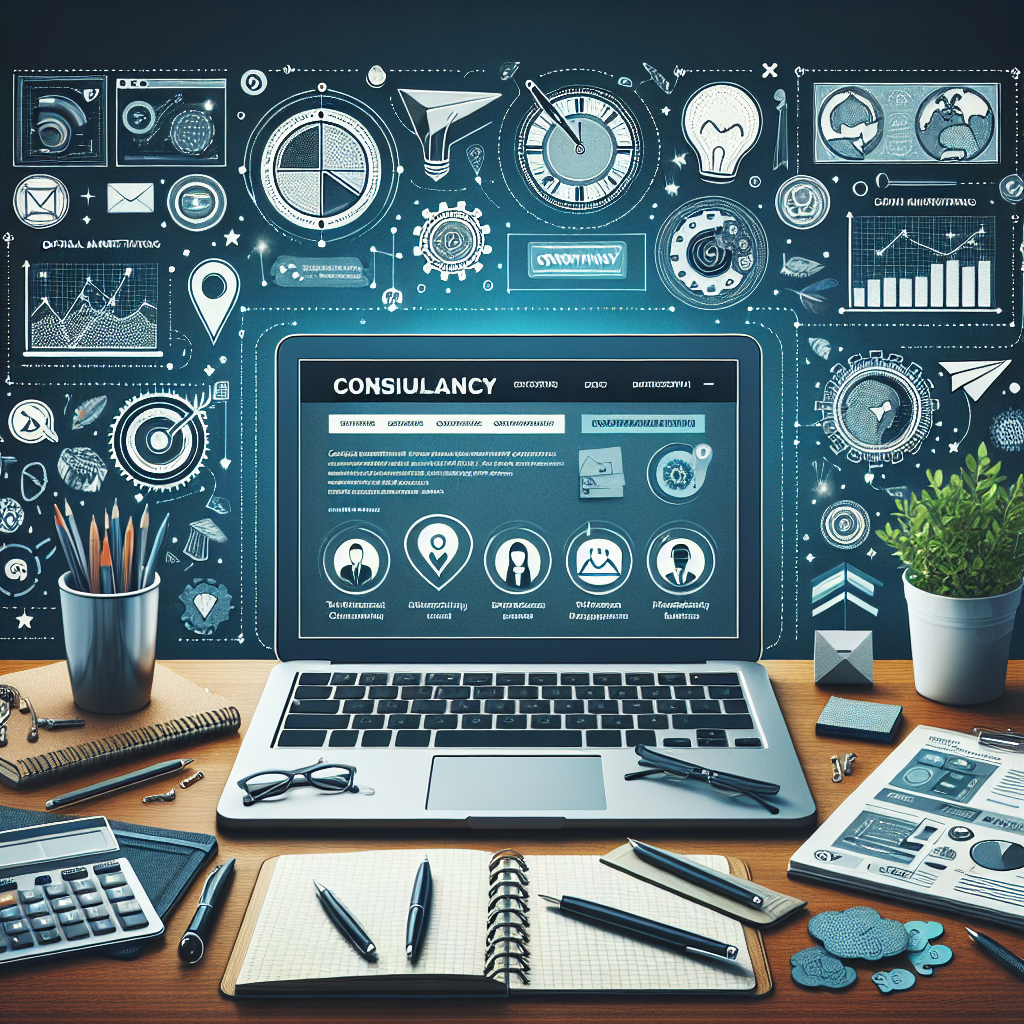 Generate an image of a beautifully designed consultancy website landing page on a laptop screen. The website features captivating visuals, high-quality content, and intuitive navigation. Surrounding the laptop are elements representing targeted lead generation, such as user personas, digital marketing tools, and analytics icons. The background is a creative workspace.