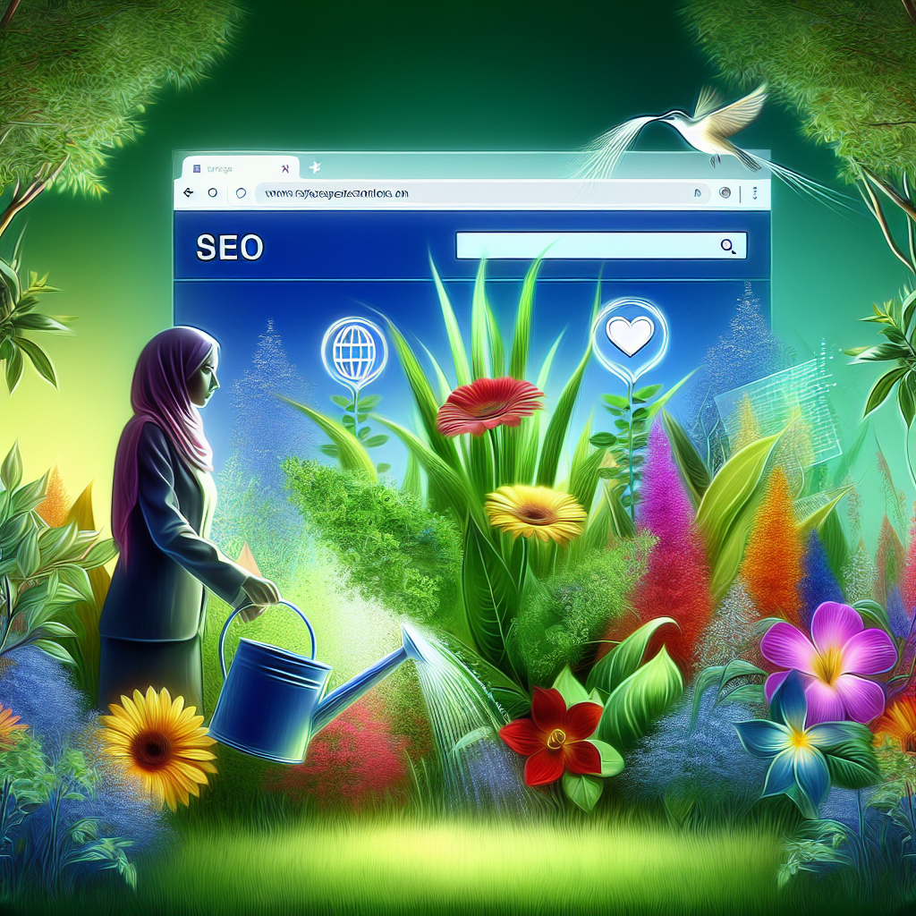 Generate an image depicting the transformation of a consultancy website with improved SEO. The website is shown as a digital garden, where SEO techniques are represented as lush plants and flowers thriving. A businessperson waters the garden, symbolizing nurturing and growth, with keywords and search icons woven into the foliage. The style is vibrant and metaphorical.