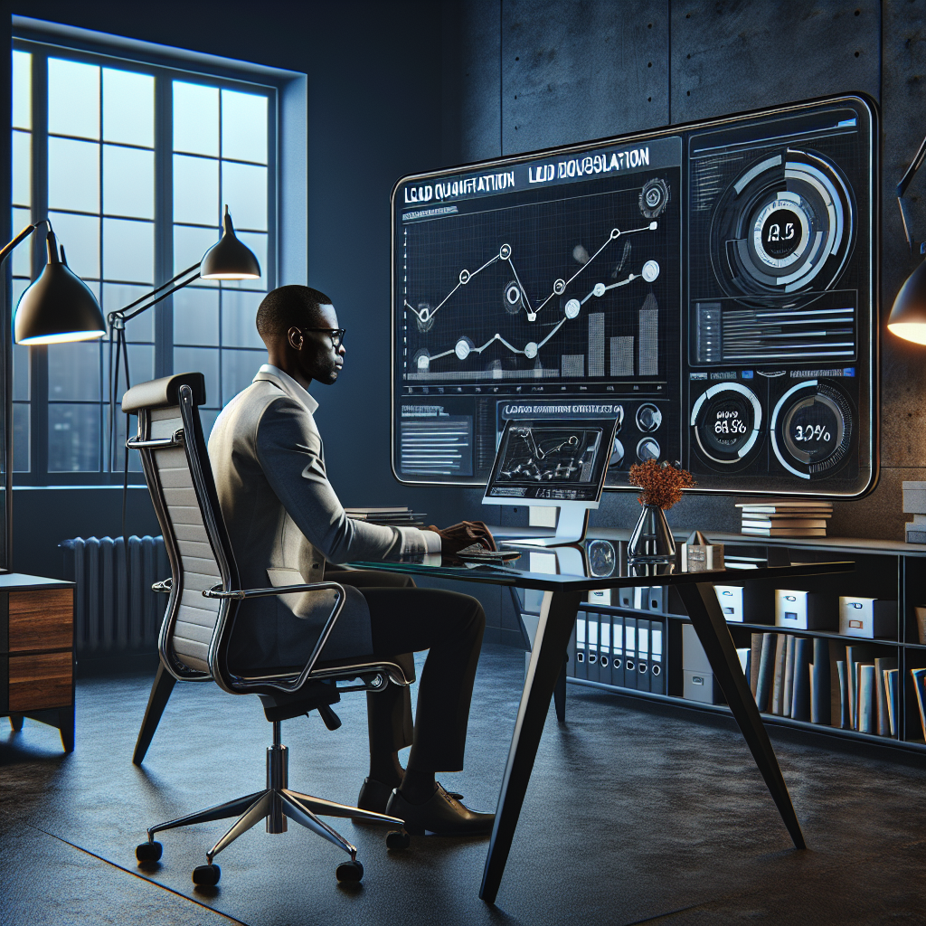 Generate an image of a business consultant at a desk analyzing lead qualification data on a computer screen, with graphs and charts displaying high conversion rates and ROI improvement. The setting should be modern, with sleek office decor and a focus on technology.