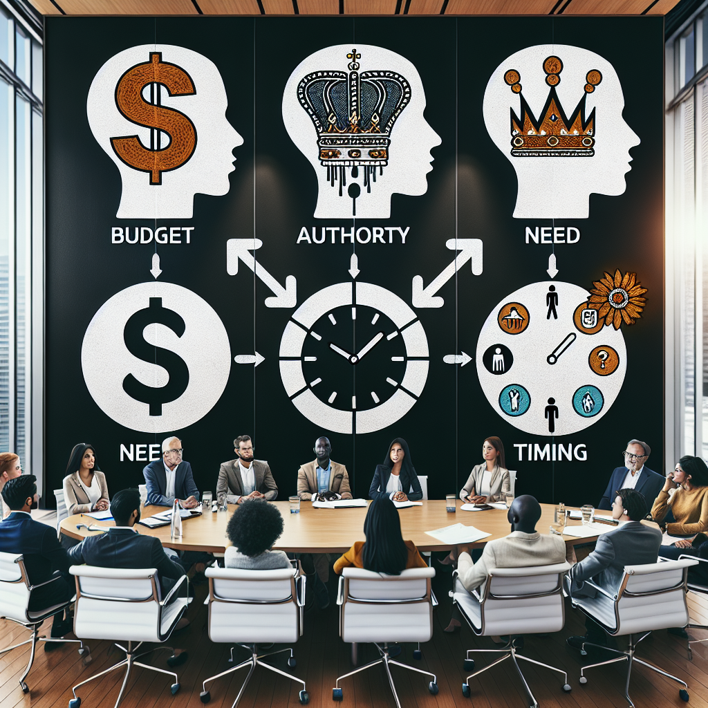 Generate an image of a diverse team of consultants brainstorming in a stylish conference room, with elements representing the BANT model (Budget, Authority, Need, Timing) visibly integrated into the meeting's whiteboard notes. The atmosphere should be dynamic and collaborative.
