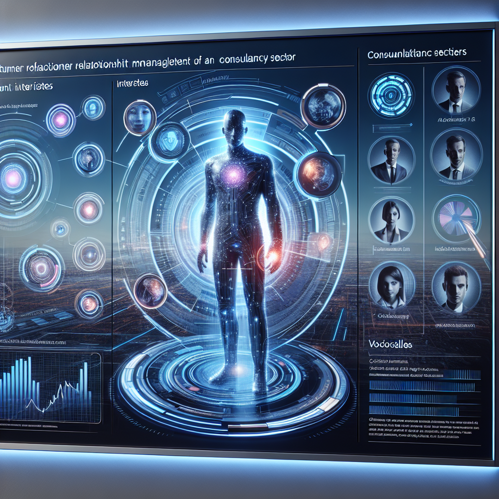 Generate an image of a futuristic CRM interface on a large digital display board, showcasing detailed profiles of ideal clients in the consultancy sector. The design should be sleek and advanced, highlighting features like client interests and interaction history.
