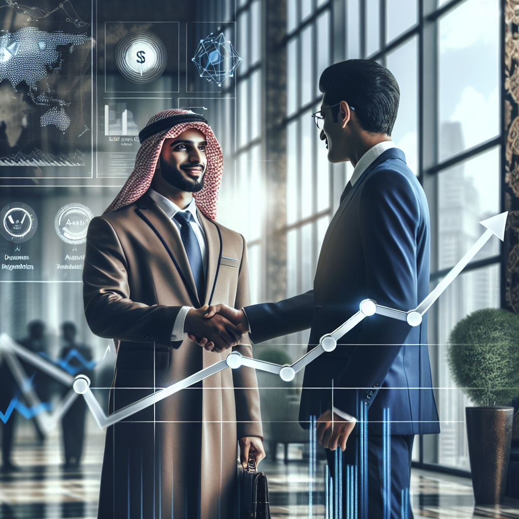 Generate an image of a consultant shaking hands with a client in a modern office lobby, symbolizing the successful identification of a valuable prospect. The background should depict subtle elements like growth graphs and positive ROI statistics, emphasizing successful lead qualification.