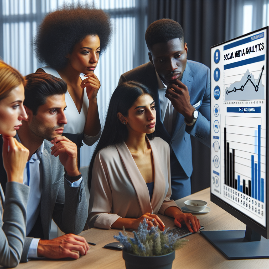 Generate an image of a diverse team of business consultants in a modern office setting, analyzing social media analytics and brainstorming on a large interactive screen. The screen displays graphs and charts related to lead generation growth. The team looks engaged and focused, illustrating collaboration in a B2B consultancy setting.