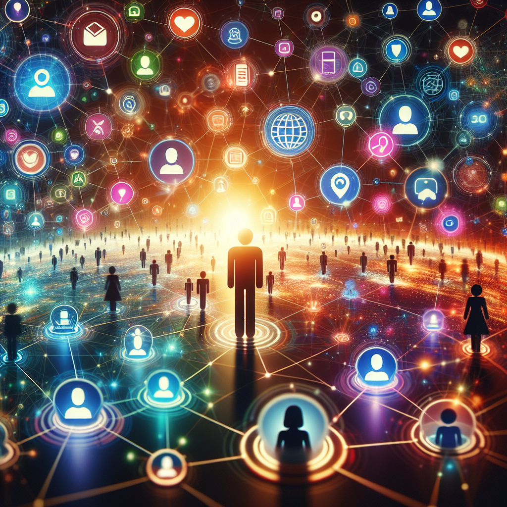 Generate an image of a vibrant, digital landscape filled with interconnected social media icons and avatars, symbolizing the variety of platforms available for B2B lead generation. The scene conveys a sense of virtual exploration and connectivity, with each icon linked by glowing lines representing the web of social media networks.