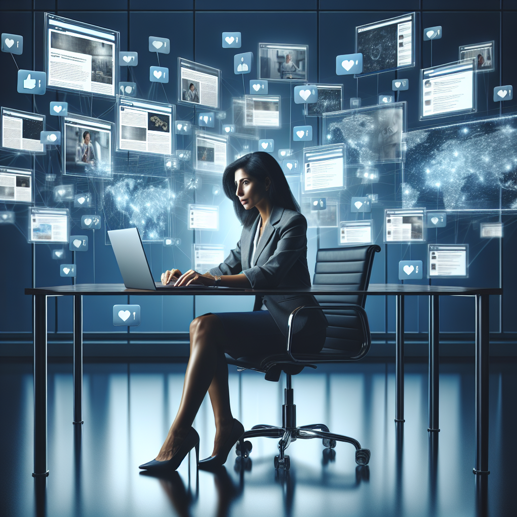 Generate an image of a business professional sitting at a sleek desk, surrounded by an array of digital content such as blog posts, videos, and graphics floating in the air around them. They are crafting valuable content on a laptop, with a backdrop of digital screens showing likes, shares, and comments indicating high engagement and reach.