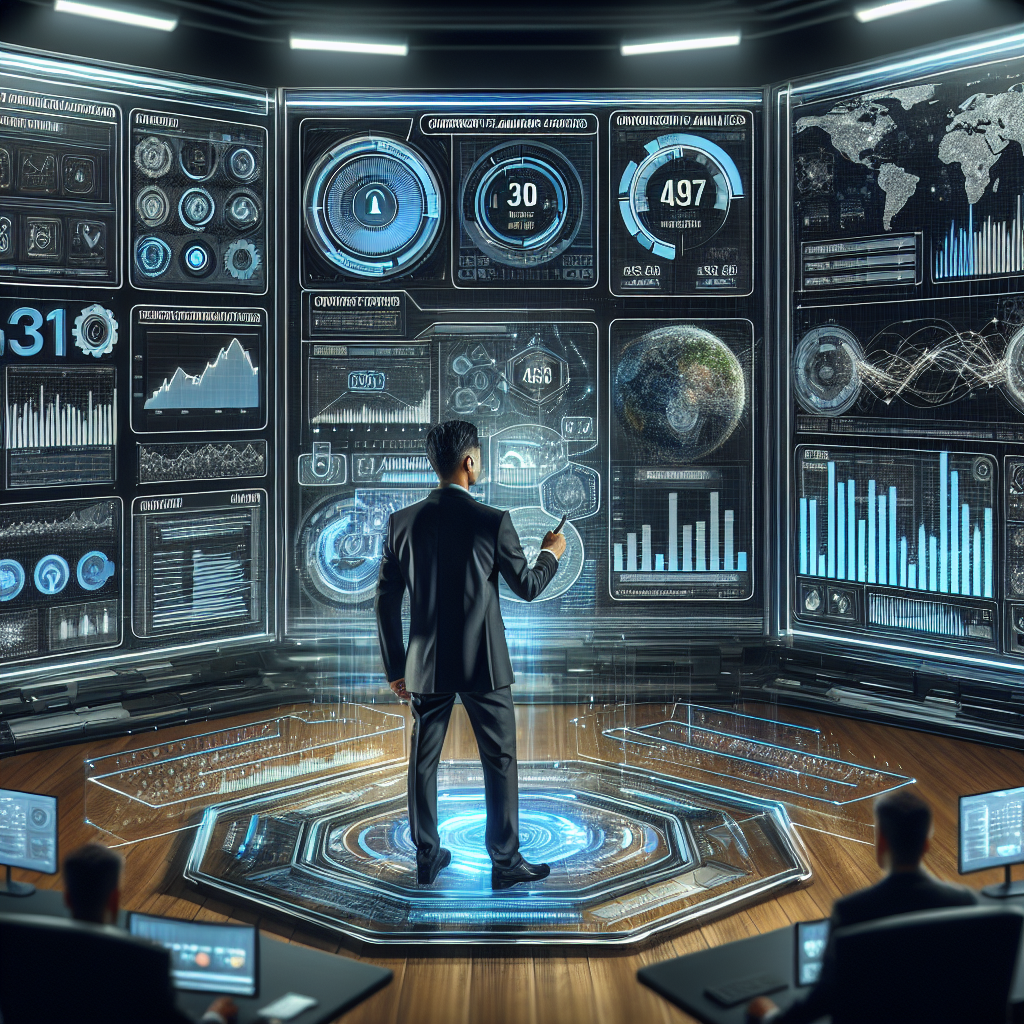 Generate an image of a futuristic command center where a marketing expert is using advanced technology to optimize advertisement campaigns. Transparent screens display a mix of real-time ad performance metrics and audience analytics. The expert is making strategic adjustments, showcasing a focus on effective ad optimization and analysis.