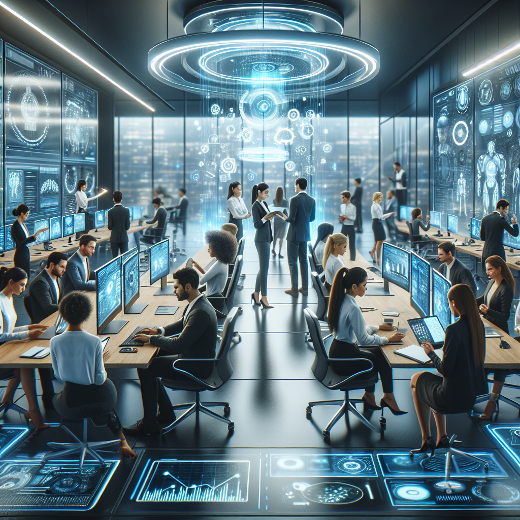 Generate an image depicting a futuristic office environment where a team of consultants are using advanced CRM tools and AI technology. The room is filled with holographic displays and digital boardroom setups, emphasizing a high-tech lead generation process in a B2B context.