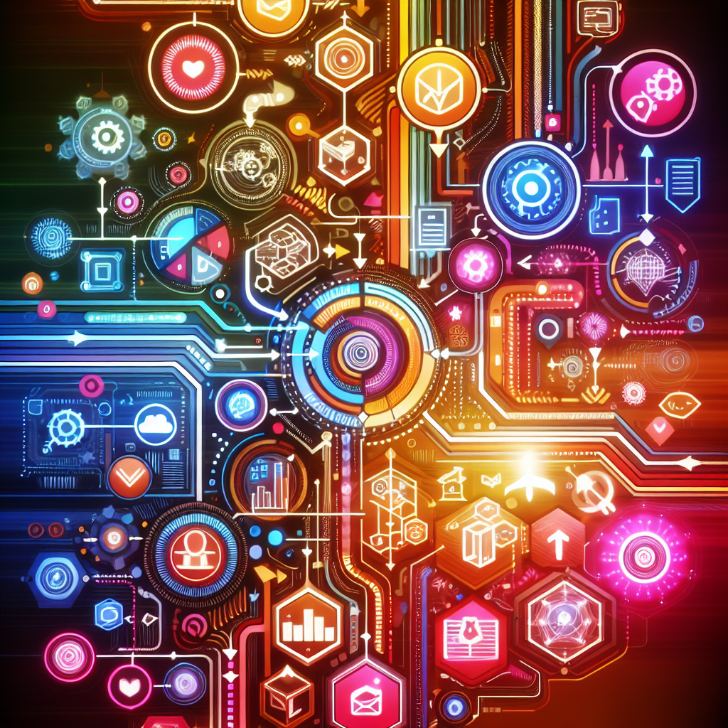 Generate an image of a dynamic flowchart illustrating the automation of lead generation through email marketing for B2B consultancy. The chart should be vibrant and colorful, with arrows and symbols representing different stages in the process, and a digital feel to highlight technological integration.