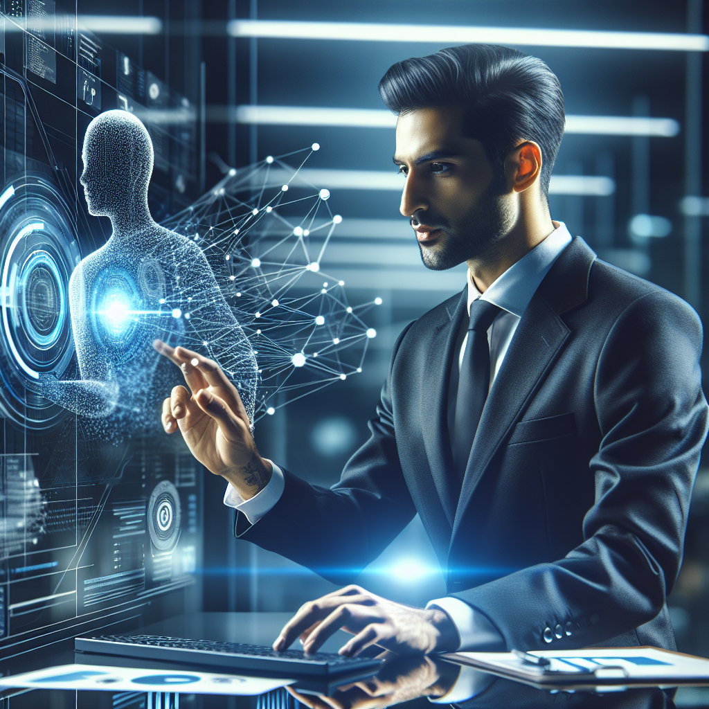 Generate an image featuring a business consultant interacting with an AI assistant on a touchscreen interface. The setting is a modern office, with the consultant analyzing data and generating leads. The focus is on the synergy between human expertise and AI-driven insights for optimizing lead quality.