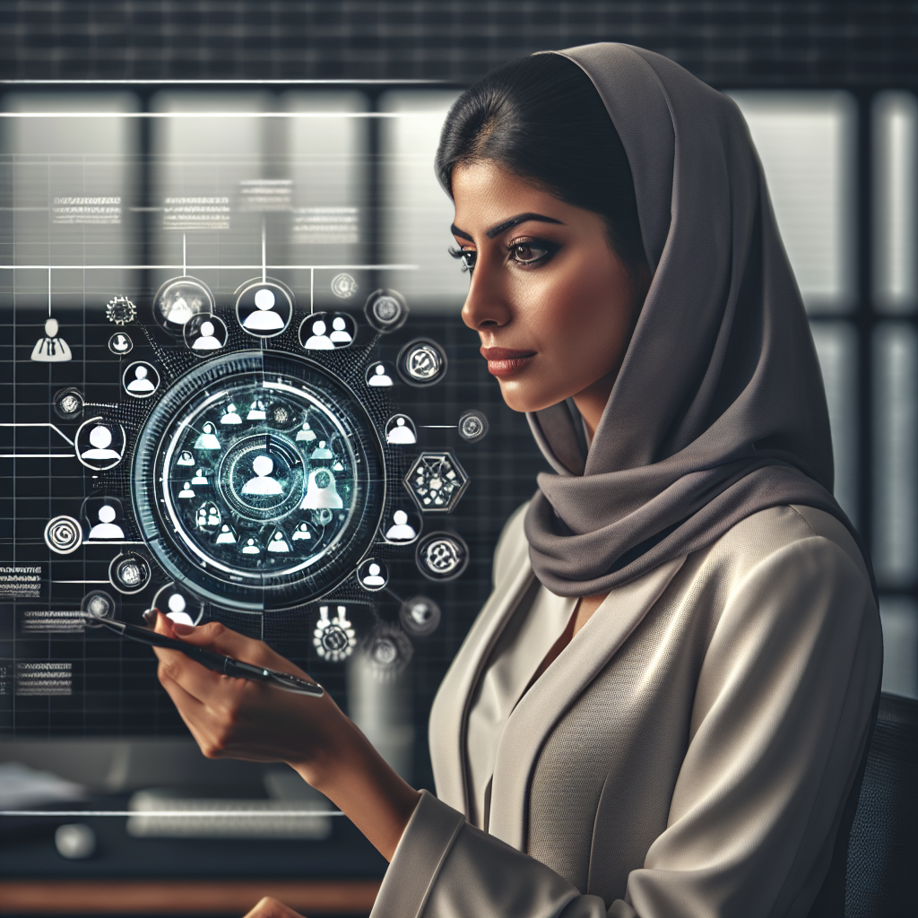 Generate an image of a professional consultant analyzing a digital chart displaying target audience segmentation, with diverse personas represented by icons. The background should feature a modern office setting with abstract elements symbolizing digital technology and data analytics.