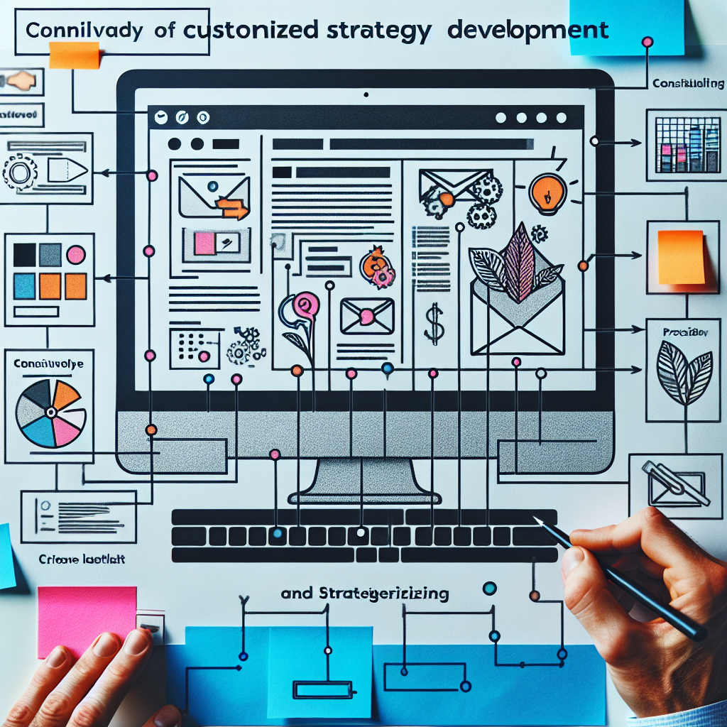Generate an image depicting a creative email newsletter layout on a computer screen, showcasing personalized content tailored for consultancy clients. The screen should be surrounded by colorful paper notes and diagrams illustrating the process of content personalization and strategy planning.