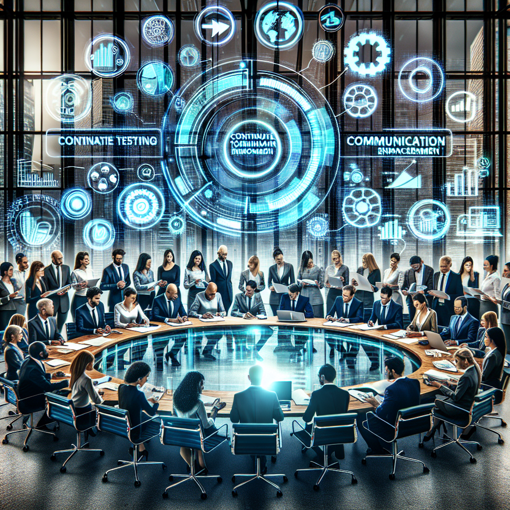 Generate an image of a dynamic scene in a bustling office, where a team of consultants brainstorms around a large table covered with documents. Visualize elements like strong CTA buttons and analytics graphs as holograms floating above the table, symbolizing continuous testing and communication enhancement.