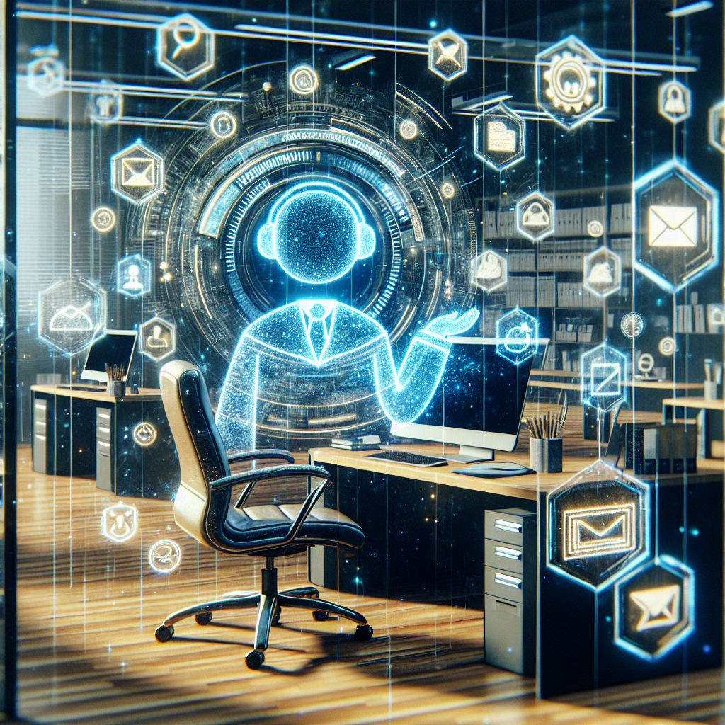 Generate an image of a friendly appointment scheduler or assistant appearing as a virtual guide in an augmented reality interface, helping users optimize their email campaigns. The background should blend real-world office elements with futuristic digital interfaces and glowing icons representing email marketing tools.