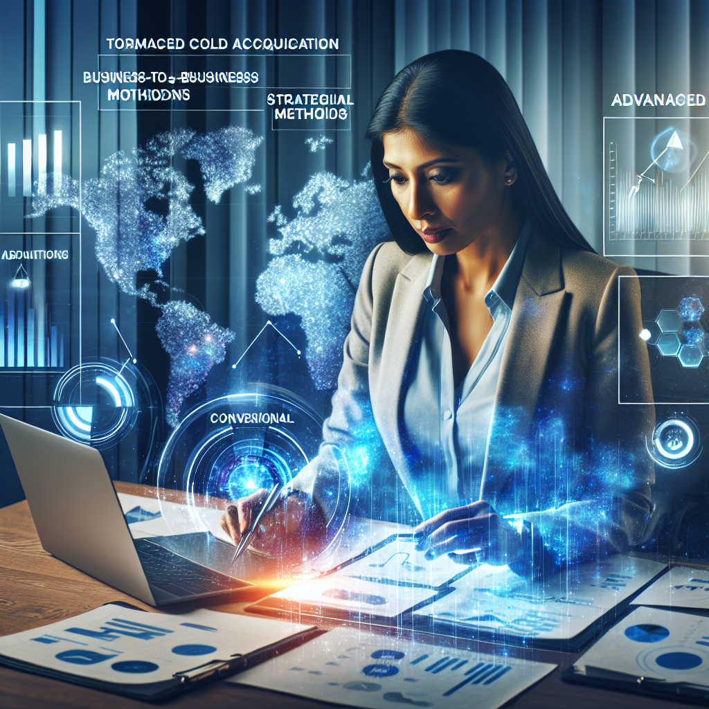 Generate an image of a professional business consultant at a desk, surrounded by digital charts and graphs, and creating a strategic plan for B2B cold acquisition. The scene should be modern with a focus on technology, illustrating the transformation of cold calling into an effective growth strategy.