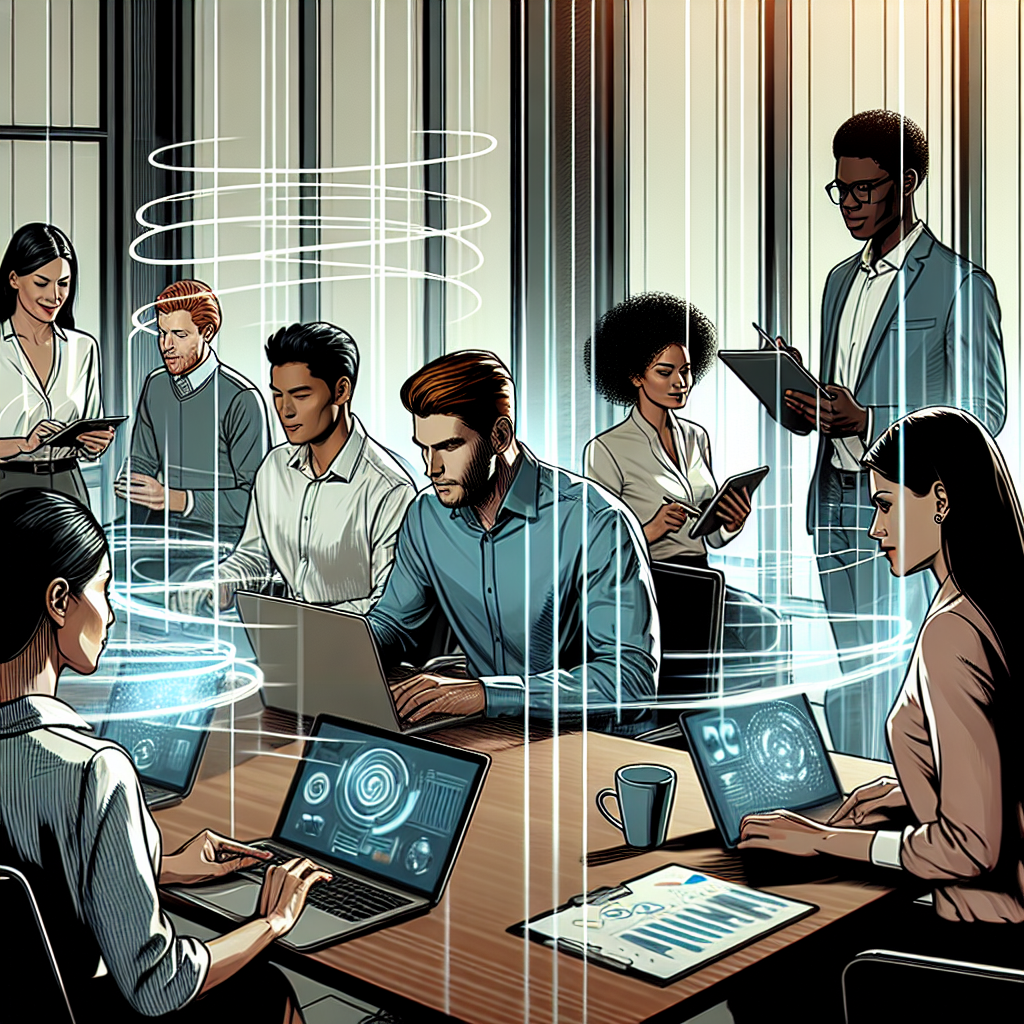 Generate an image of a diverse group of businesspeople in a corporate meeting room, collaboratively building targeted prospect lists using laptops and tablets. The atmosphere should be dynamic and engaging, emphasizing teamwork and precision in identifying potential clients.